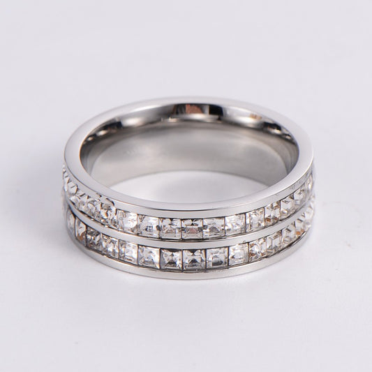 Double Row Diamond Set Zirconia Stainless Steel Ring